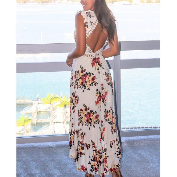 Ivory Floral Boho High Low Dress With Open Back - Picture 6 of 6